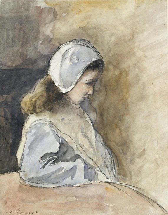 Camille Pissaro, Jeanne-Rachel Pissarro seated at a table (Frau,Kind,Kunst,Mädchen,Möbel,Impressionismus,Hut,Portrait,Kreide,Tag,Kleid,Profil,Langes Haar,Tabelle,Grau,Mütze,Farbe)