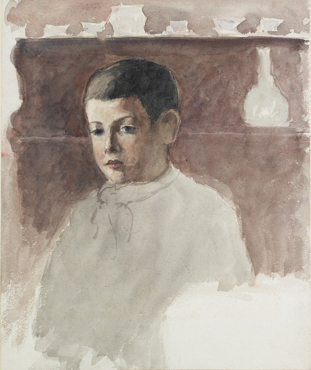 Camille Pissaro, Half-length portrait of Lucien Pissarro (Kind,Künstler,Kunst,Mann,Impressionismus,Portrait,Vase,Kittel,Tag,Kleid,Knabe,Sehen,Farben,Braun,Braune Haare,Farbe)