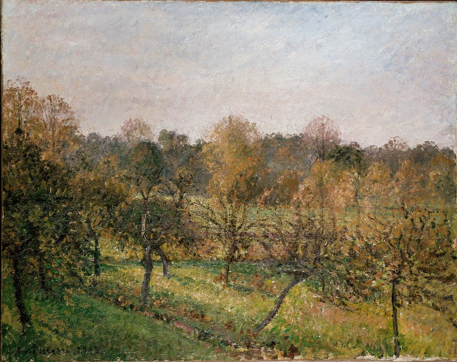 Camille Pissaro, Sunset at Eragny-sur-Epte, Autumn, 1902 (Astronomie,Geographie,Kunst,Sonnenuntergang,Obstgarten,Sonne,Wissenschaft,Impressionismus,Baum,Tag,Hügel,Natur,Betrieb,Landwirtschaft,Farbe)