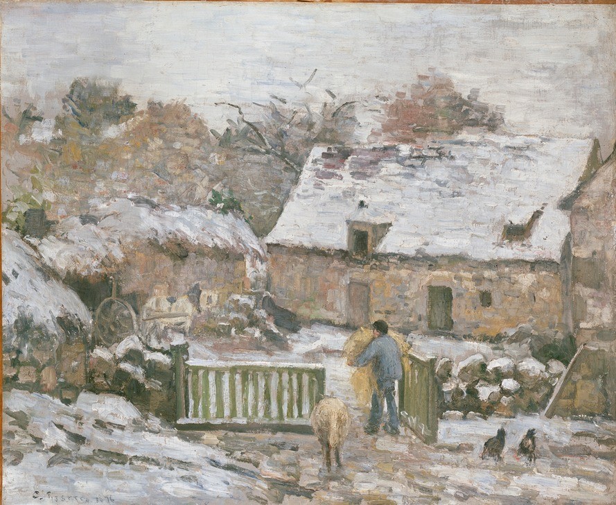 Camille Pissaro, Farm at Montfoucault: Snow Effect, 1874-1876 (Bauernhaus,Bauernhof,Haus,Huhn,Jahreszeiten,Kunst,Mann,Vogel,Wetter,Winter,Impressionismus,Schnee,Heu,Tag,Tragen,Tier,Henne,Gatter,Gebäude,Eingang,Landwirtschaft,Farbe)
