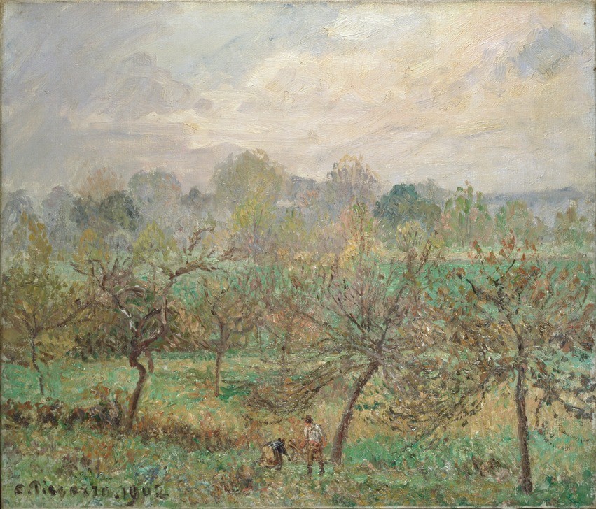 Camille Pissaro, Autumn, Morning Mist, Éragny-sur-Epte, 1902 (Arbeit,Frau,Herbst,Jahreszeiten,Kunst,Mann,Obstgarten,Morgen,Impressionismus,Baum,Nebel,Zeit,Tag,Dame,Natur,Betrieb,Landwirtschaft,Farbe)