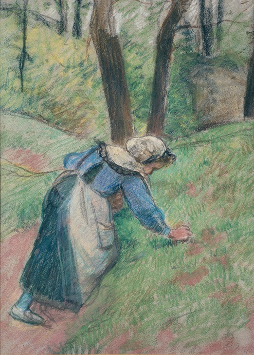 Camille Pissaro, Peasant woman weeding the grass, 1894 (Frau,Kopfbedeckung,Kunst,Impressionismus,Portrait,Gras,Weg,Tag,Kleid,Dame,Blau,Grün,Farbe)
