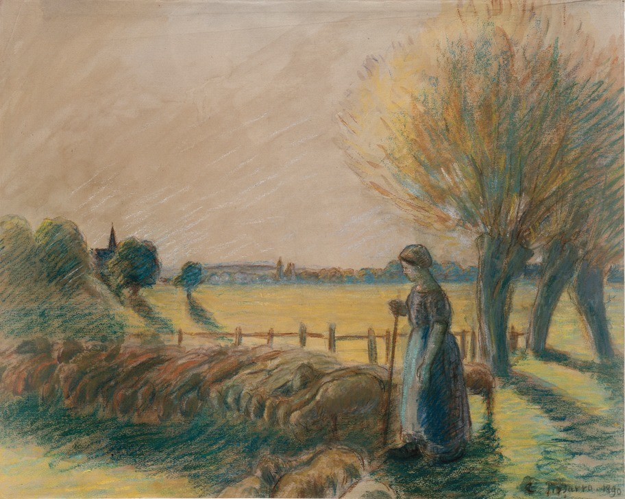 Camille Pissaro, The shepherdess of Eragny, 1890 (Beruf,Frau,Kunst,Impressionismus,Schatten,Besetzung,Zaun,Portrait,Baum,Zeit,Tag,Dame,Dämmerung,Tier,Natur,Herde,Gelb,Betrieb,Landwirtschaft,Farbe)