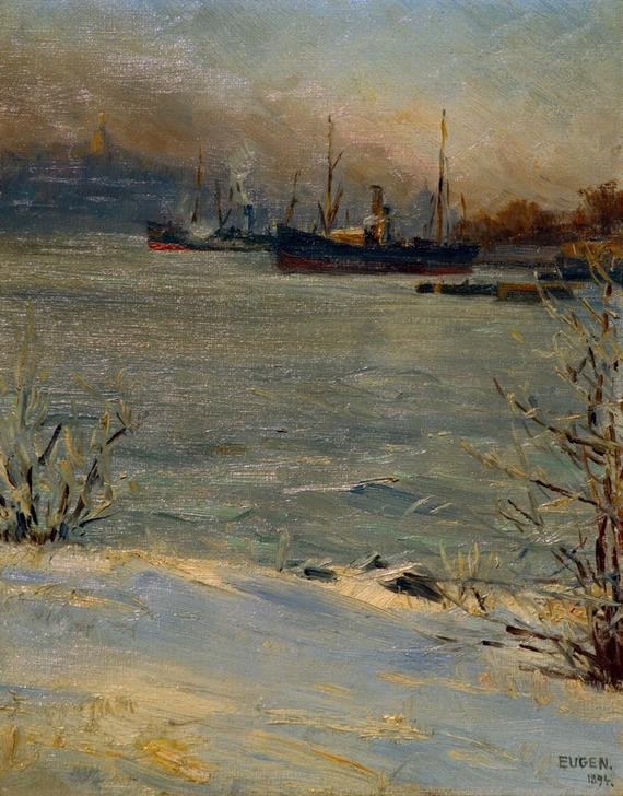 Eugen, Prinz von Schweden, Angbatar vid Beckholmen, Stockholm (Dampfer,Landschaft,Schiff,Winter,Impressionismus,Schnee,Schwedische Kunst,Schifffahrt)