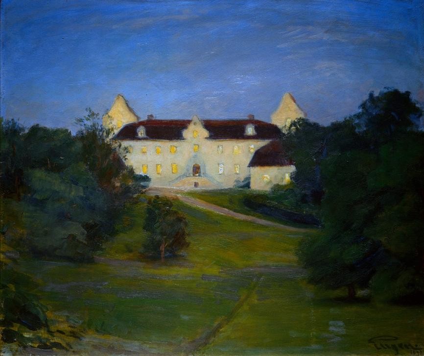 Eugen, Prinz von Schweden, Glimmande fönster (Architektur,Fenster,Haus,Herrenhaus,Kunst,Landhaus,Landschaft,Schloss,Abend,Impressionismus,Schwedische Kunst,Licht,Idylle,Harmonie,Dämmerung,Beleuchtung,Stille)