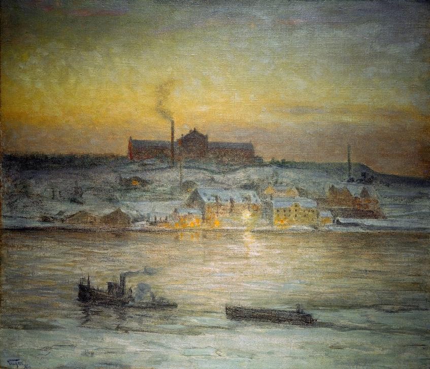 Eugen, Prinz von Schweden, Tidig vintermorgon (Industrie,Küste,Kunst,Landschaft,Schiff,Winter,Tageszeiten,Morgen,Impressionismus,Schnee,Sonnenaufgang,Schwedische Kunst,Schifffahrt)