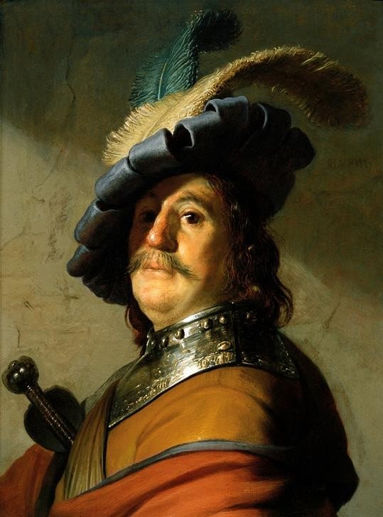 Rembrandt Harmenszoon van Rijn, Soldat mit eisernem Halskragen und Federhut (Kunst,Mann,Mensch,Militär,Soldat,Barock,Schnurrbart,Portrait,Niederländische Kunst,Barett,Holländische Kunst,Brustbild,Hutfeder)