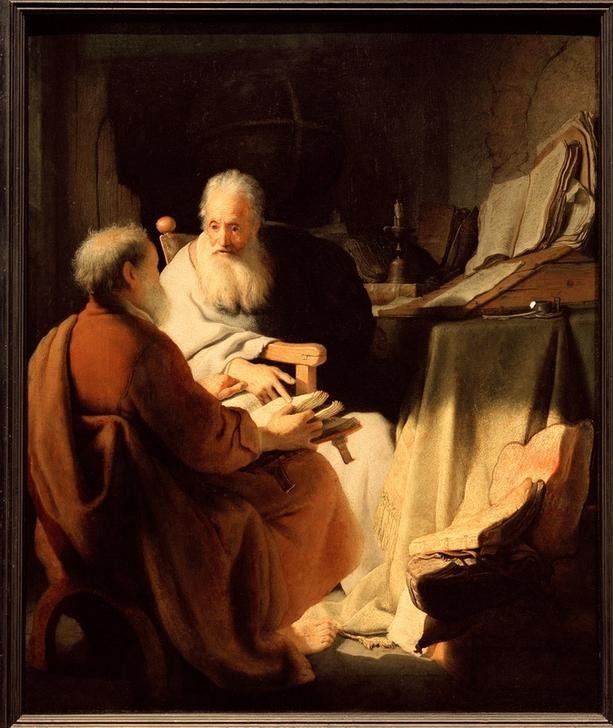 Rembrandt Harmenszoon van Rijn, Zwei alte Männer im Gespräch (Arbeitszimmer,Buch,Gelehrter,Gesellschaftliches Leben,Gesellschaft,Kunst,Licht Und Beleuchtung,Mann,Wohnung,Alter,Bart,Barock,Greis,Gestik,Helldunkel,Diskussion,Niederländische Kunst,Holländische Kunst,Vollbart,Sonnenlicht,Alter Mann,Weisse Haare,Haarfarb)
