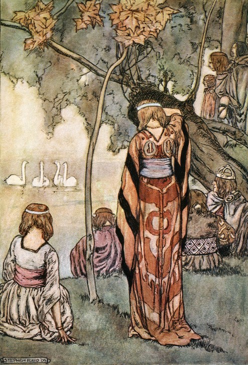 Stephen Reid, They made an encampment and the swans sang to them (Frau,Geographie,Mythologie,Vogel,See,Legende,Baum,Kleid,Dame,Natur,Betrieb,Farbe)