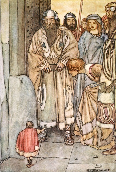 Stephen Reid, hey all trooped out, lords and ladies, to view the wee man (Sitzung,Frau,Dichter,König,Literatur,Mantel,Mann,Mythologie,Zwerg,Legende,Kleid,Dame,Gruss,Farbe)