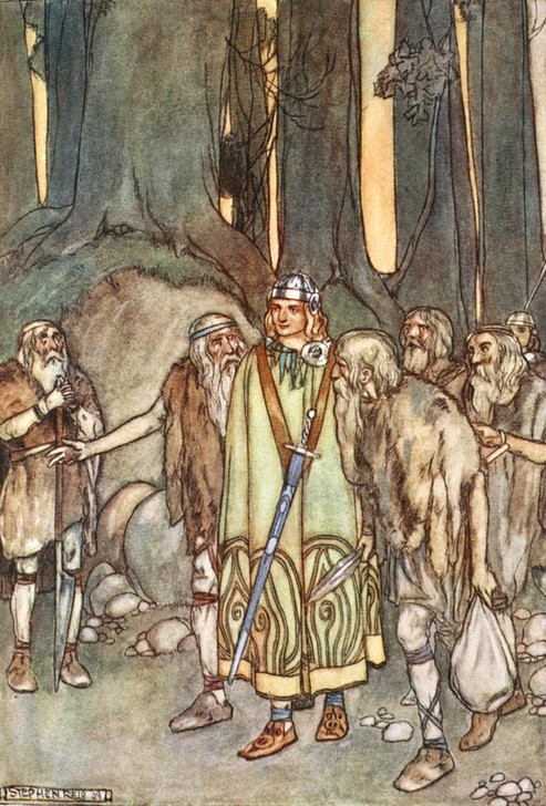 Stephen Reid, And that night there was feasting and joy in the lonely hut (Krieg,Mann,Mythologie,Wald,Legende,Krieger,Baumstamm,Farbe)