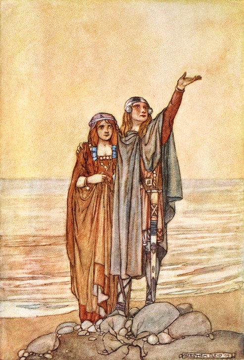 Stephen Reid, Follow me now to the Hill of Allen (Frau,Held,Liebe,Mantel,Mann,Mythologie,Legende,Gestik,Kleid,Paar,Dame,Farbe)