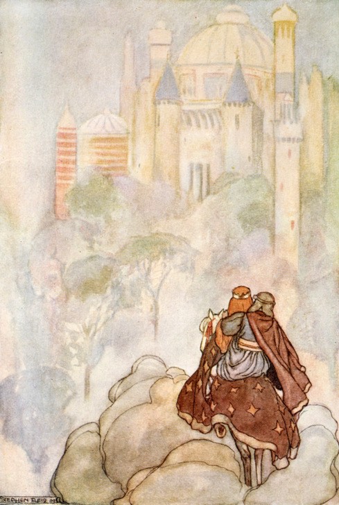 Stephen Reid, They rode up to a stately palace (Frau,Mann,Mythologie,Palast,Pferd (Tier),Stadt,Legende,Reise,Ankunft,Dame,Tier,Reiten,Gebäude,Farbe)