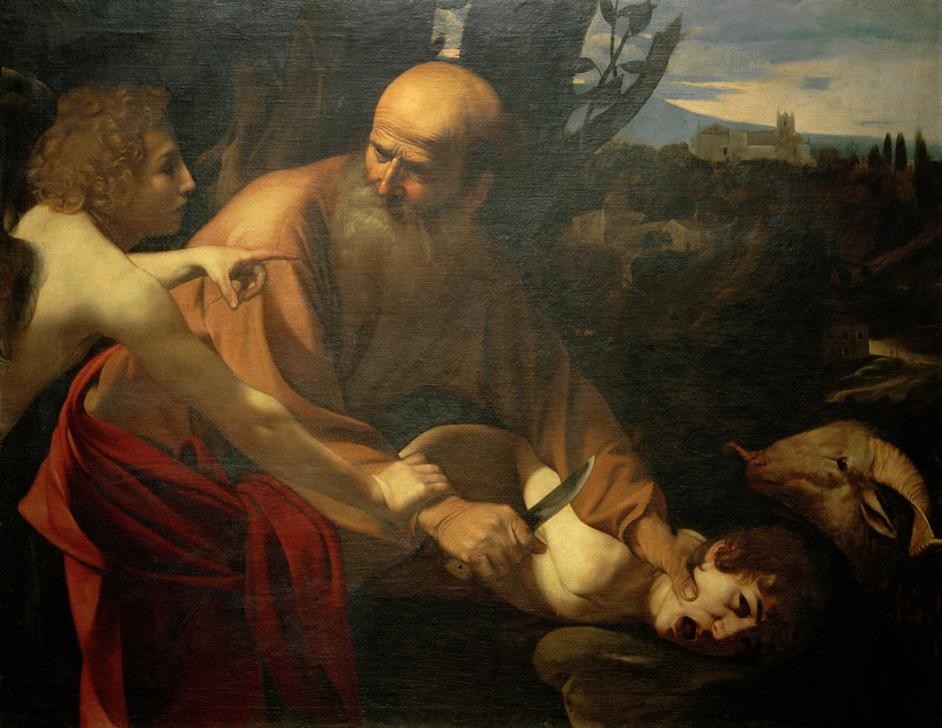 Caravaggio, Die Opferung Isaaks (Opfer, Sohn, Vater, Messer, Engel, Menschenopfer, Altes Testament, Bibel, Isaak, Christentum,  Religion,  Hell-Dunkel, Barock, Klassiker, Malerei, Wunschgröße, Wohnzimmer)