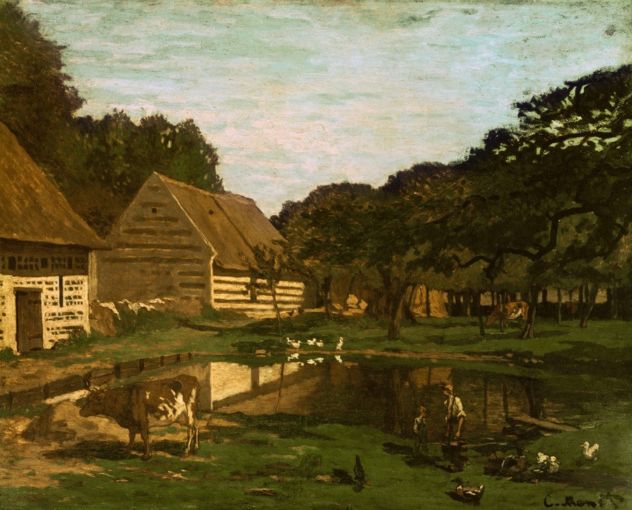 Claude Monet, Cour de ferme en Normandie (Bauernhaus, Bauernhof,Farm,  See, Idylle, Landschaft, Französische Kunst, Impressionismus, Wunschgröße, Wohnzimmer, Klassiker, Malerei,)