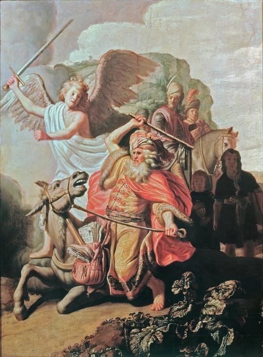 Rembrandt Harmenszoon van Rijn, Der Prophet Bileam und die Eselin (Engel,Kunst,Reiter,Barock,Altes Testament,Auspeitschung,Esel,Bibel,Prophet,Niederländische Kunst,Holländische Kunst,Tierquälerei,Reiten,Tiersprache)