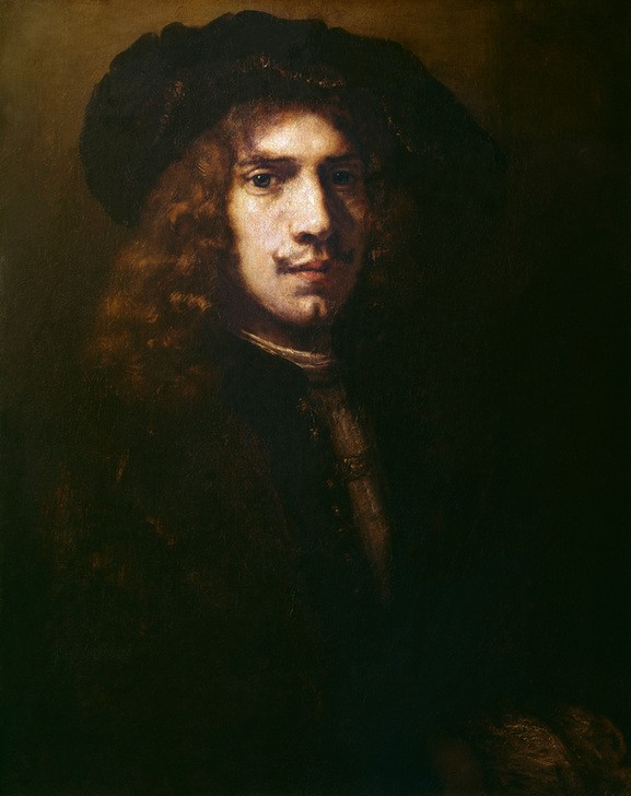 Rembrandt Harmenszoon van Rijn, Bildnis eines jungen Mannes mit Barett (Herrenhut,Kopfbedeckung,Kunst,Mann,Mensch,Barock,Portrait,Helldunkel,Niederländische Kunst,Barett,Holländische Kunst,Langes Haar,Brustbild,Frisur,Junger Mann)