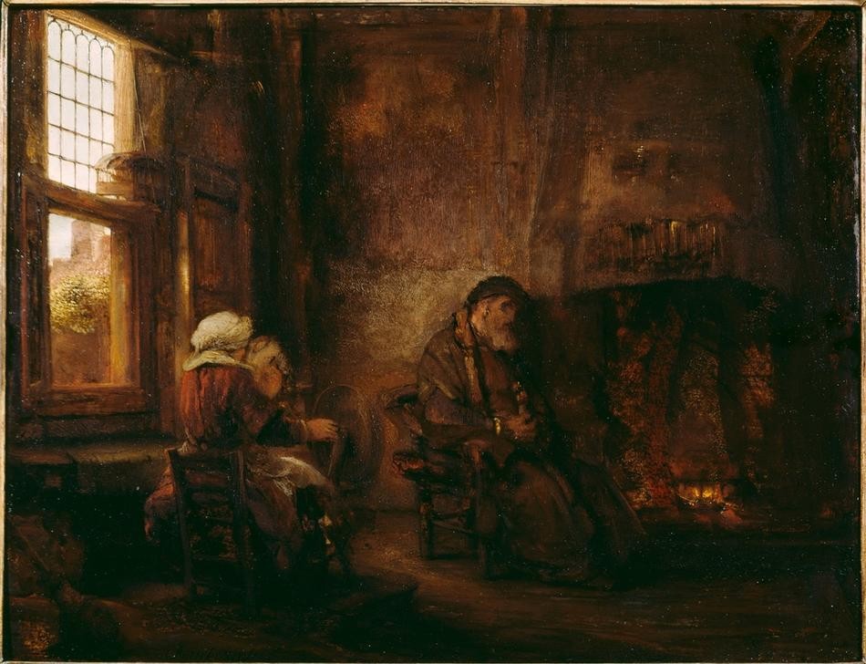 Rembrandt Harmenszoon van Rijn, Der alte Tobias und seine Frau Hanna (Ehepaar,Kunst,Lebensalter,Alter,Barock,Altes Testament,Bibel,Interieur,Frieren,Niederländische Kunst,Holländische Kunst,Lebensabend,Alter Mann,Alte Frau,Eheleben,Erblindung Des Tobias,Kamin)