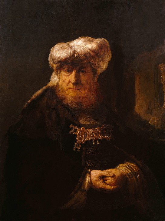 Rembrandt Harmenszoon van Rijn, Der vom Aussatz befallene König Usia (König,Kunst,Lepra,Bart,Barock,Turban,Orientalismus,Niederländische Kunst,Holländische Kunst,Vollbart,Alter Mann,Halbfigur)