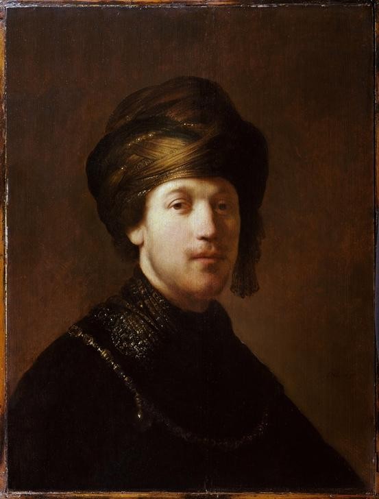 Rembrandt Harmenszoon van Rijn, Junger Orientale (Kopfbedeckung,Kunst,Mann,Tracht,Völkerkunde,Barock,Turban,Orientalismus,Portrait,Niederländische Kunst,Holländische Kunst,Brustbild,Junger Mann)