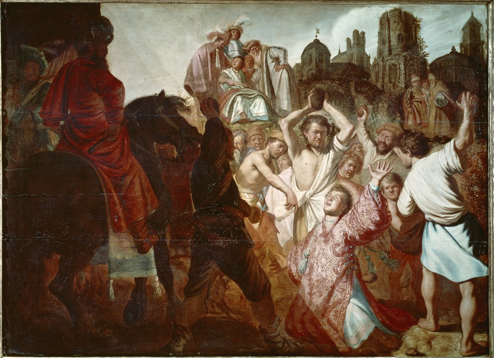 Rembrandt Harmenszoon van Rijn, Die Steinigung des Stephanus (Christentum,Kunst,Religion,Barock,Neues Testament,Bibel,Volkszorn,Volksjustiz,Apostelgeschichte,Diakon,Märtyrer,Niederländische Kunst,Steinigung,Holländische Kunst)