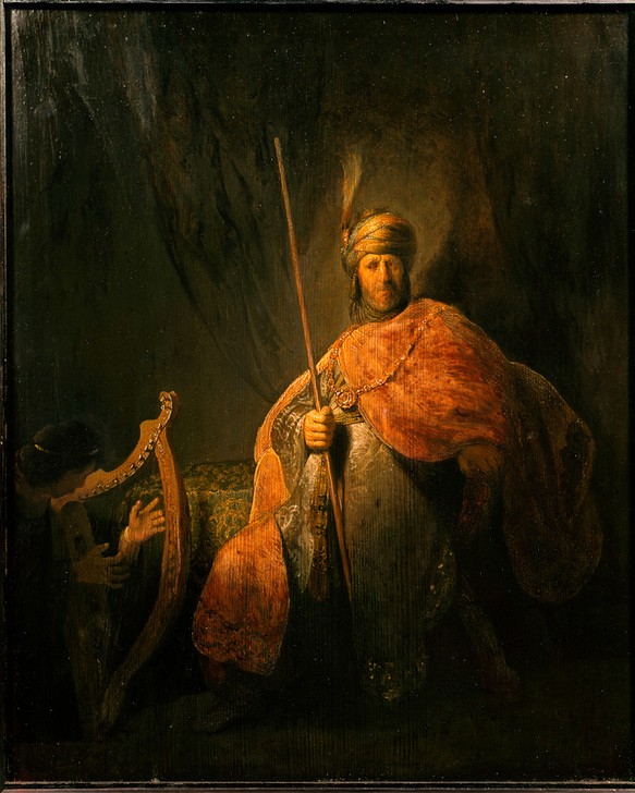 Rembrandt Harmenszoon van Rijn, David, vor Saul die Harfe spielend (Harfe,Kunst,Musik,Barock,Instrument,Altes Testament,Turban,Orientalismus,Bibel,Helldunkel,Niederländische Kunst,Holländische Kunst,Harfenist,Alter Orient,Musikant,David Vor Saul,David Und Saul,Jüdisch-Christlich)
