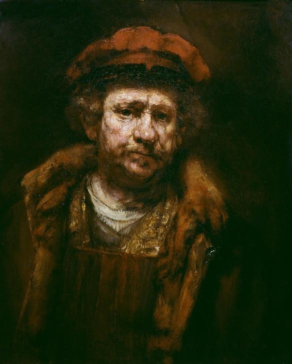 Rembrandt Harmenszoon van Rijn, Selbstbildnis mit roter Mütze (Kunst,Maler (Künstler),Mann,Barock,Selbstbildnis,Portrait,Niederländische Kunst,Barett,Holländische Kunst,Brustbild,Knollennase,Person)