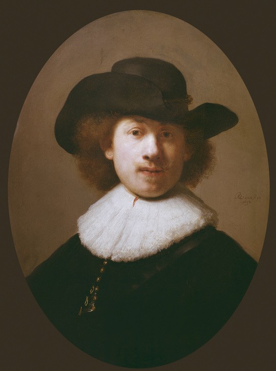 Rembrandt Harmenszoon van Rijn, Selbstbildnis (Herrenhut,Kopfbedeckung,Künstler,Kunst,Maler (Künstler),Mann,Hut,Barock,Selbstbildnis,Portrait,Niederländische Kunst,Holländische Kunst,Kragen,Brustbild,Oval,Person)