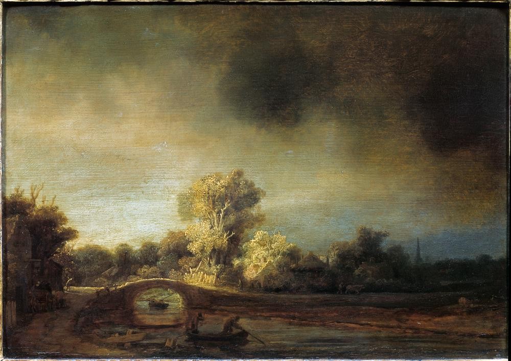 Rembrandt Harmenszoon van Rijn, Landschaft mit Steinbrücke (Brücke,Gewässer,Himmel (Natur),Kanal,Kunst,Landschaft,Wolke,Barock,Baum,Niederländische Kunst,Holländische Kunst,Vor Der Restaurierung)
