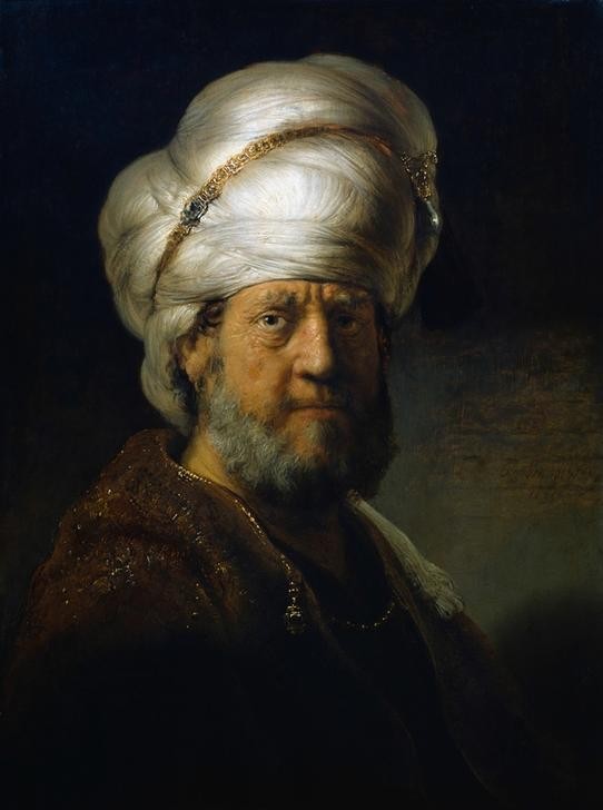 Rembrandt Harmenszoon van Rijn, Bildnis eines Orientalen (Kopfbedeckung,Kunst,Mann,Völkerkunde,Bart,Barock,Turban,Orientalismus,Portrait,Niederländische Kunst,Holländische Kunst,Vollbart,Brustbild)