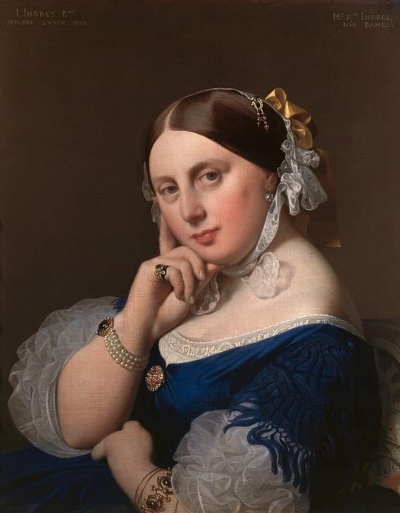 JEAN-AUGUSTE-DOMINIQUE INGRES, Portrait de Mme Ingres, née Ramel (Ehefrau,Damenmode,Frau,Kunst,Maler (Künstler),Mode,Schmuck,Klassizismus,Portrait,Künstlerfrau,Französische Kunst,Brosche,Fingerring,Armband,Kopf Stützen,Halbfigur)