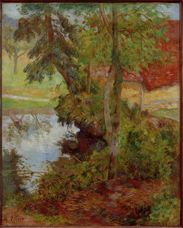 Paul Gauguin, Landschaft mit rotem Dach (Dach,Gewässer,Haus,Kunst,Landschaft,Impressionismus,Baum,Französische Kunst,Ufer,Signatur)