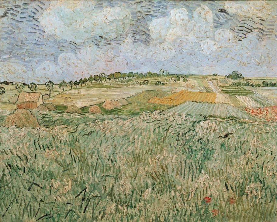 Vincent van Gogh, Die Ebene bei Auvers mit Regenwolken (Jahreszeiten,Kunst,Landschaft,Meteorologie,Monat,Sommer,Wolke,Impressionismus,Ebene,Niederländische Kunst,Feld,Holländische Kunst,Schlechtes Wetter,Landwirtschaft)