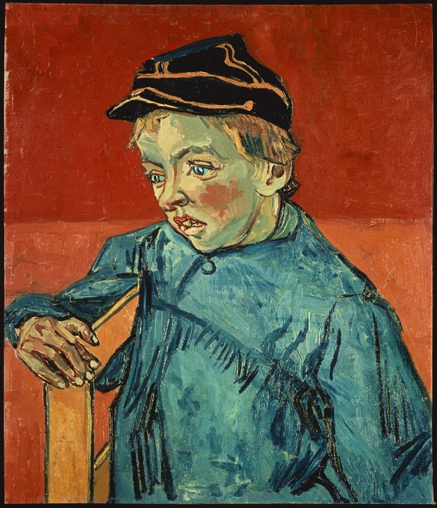 Vincent van Gogh, Bildnis Camille Roulin als Schüler (Kind,Kopfbedeckung,Kunst,Mensch,Impressionismus,Portrait,Schüchternheit,Niederländische Kunst,Holländische Kunst,Knabe,Schirmmütze,Schulkind,Halbfigur,Mütze)
