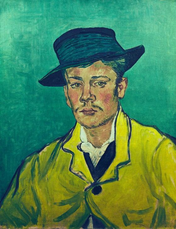 Vincent van Gogh, Bildnis eines jungen Mannes (Armand Roulin im Alter von 17 (Herrenhut,Herrenmode,Kopfbedeckung,Kunst,Mann,Mensch,Mode,Impressionismus,Bart,Hut,Schnurrbart,Portrait,Niederländische Kunst,Holländische Kunst,Kleidung (Allgemein),Jacke,Blick Aus Dem Bild,Brustbild,Gelb,Halbprofil,Braune Augen,Junger Mann,Farbe)