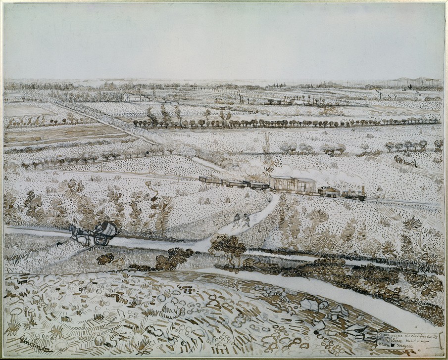 Vincent van Gogh, Das Land zu Seiten der Rhôneufer, gesehen vom Montmajour (Eisenbahn,Kunst,Landschaft,Impressionismus,Ebene,Niederländische Kunst,Holländische Kunst)