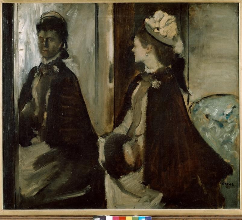 Edgar Degas, Madame Jeantaud au miroir (Damenhut,Damenmode,Frau,Kunst,Mensch,Mode,Spiegel,Impressionismus,Hut,Portrait,Muff,Französische Kunst,Spiegelbild)