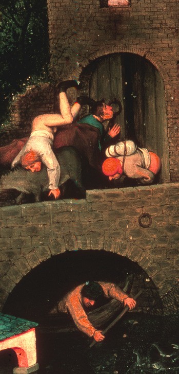 Pieter Brueghel der Ältere, Die niederländischen Sprichwörter (Karikatur, Allegorie, Sprichwort, Volkskunde, Redensart, Groteske, Detail, Gesellschaftskritik, Dorfleben,  Renaissance, Klassiker,  Malerei, Wunschgröße, Wohnzimmer, bunt)