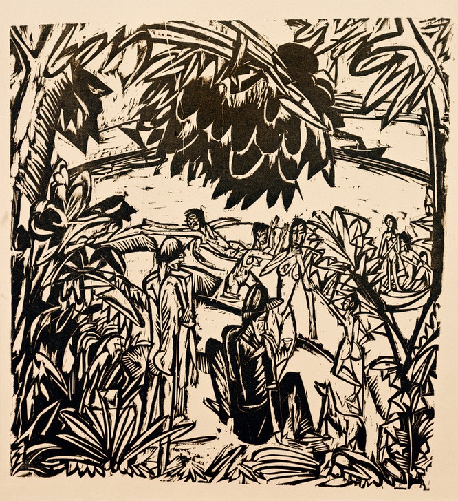 Ernst Ludwig Kirchner, Badeszene unter Baumzweigen (Körperpflege,Bad Im Freien,Bad,Boot,Deutsche Kunst,Freikörperkultur,Frau,Küste,Kunst,Landschaft,Mann,Mensch,Freizeit,Schiff,Seebad,Meer,Hund,Akt,Baum,Expressionismus,Rückenakt,Rückenfigur,Die Brücke,Im Freien (Allgemein),Nacktheit,Ufer,Tier,Zweig,Signatur)