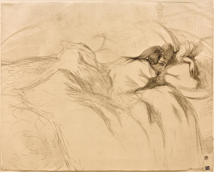 Henri de Toulouse-Lautrec, Schlafende (Bett,Erotik,Frau,Jugendstil,Kunst,Prostitution,Akt,Prostituierte,Kissen,Französische Kunst,Sexualität,Halbakt,Belle Epoque,Fin De Siecle,Bordell,Langes Haar,Schlafen (Schlaf),Bettdecke,Kopfkissen)