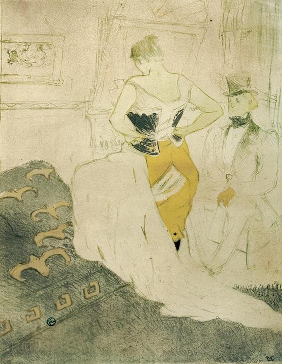 Henri de Toulouse-Lautrec, Femme en corset, Conquête de Passage (Erotik,Jugendstil,Nachtleben,Prostitution,Unterwäsche (Damen),Prostituierte,Interieur,Französische Kunst,Sexualität,Entkleiden,Korsett,Belle Epoque,Fin De Siecle,Zuschauen,Frauenleben,Bordell,Freier,Halbwelt)