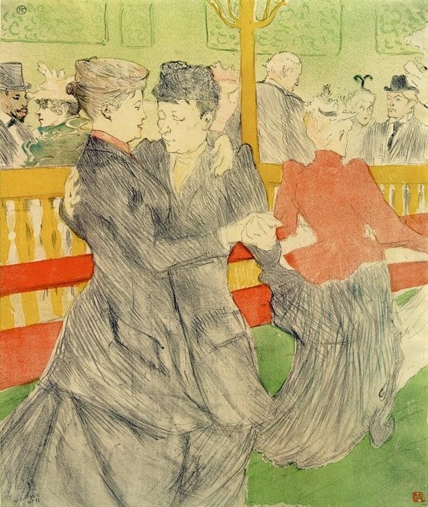 Henri de Toulouse-Lautrec, Tanz im Moulin Rouge (Frau,Gastronomie,Gesellschaftstanz,Jugendstil,Liebe,Liebespaar,Musik,Nachtleben,Freizeit,Tanz,Lesbische Liebe,Tanzlokal,Nachtlokal,Französische Kunst,Paar,Belle Epoque,Fin De Siecle,Tanzpaar,Vergnügungslokal)