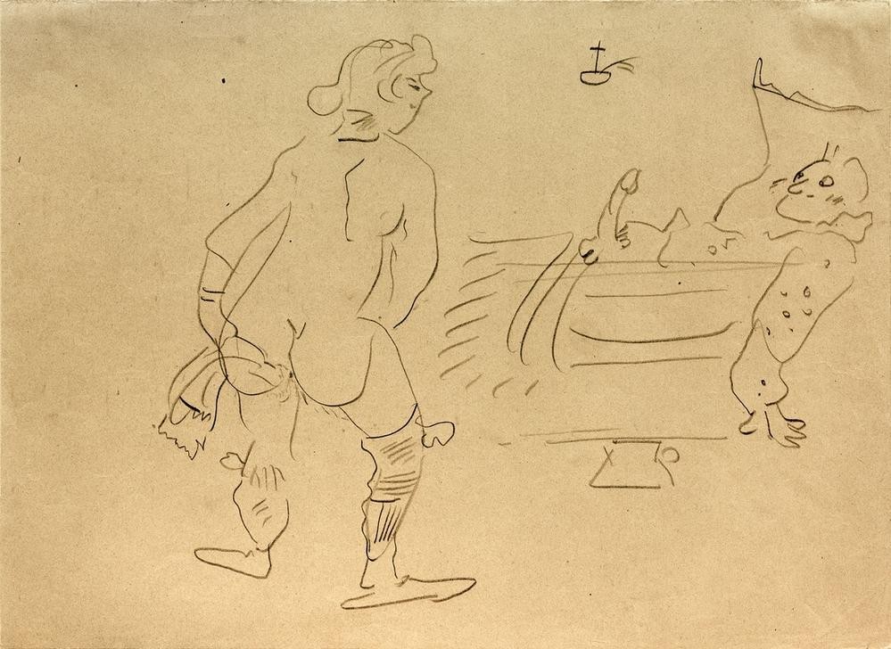 Henri de Toulouse-Lautrec, Bordellszene (Körperpflege,Bett,Erotik,Frau,Jugendstil,Pornographie,Mann,Prostitution,Waschen,Prostituierte,Französische Kunst,Erotische Kunst,Sexualität,Penis,Belle Epoque,Fin De Siecle,Frauenleben,Bordell,Freier,Erektion,Intimhygiene)