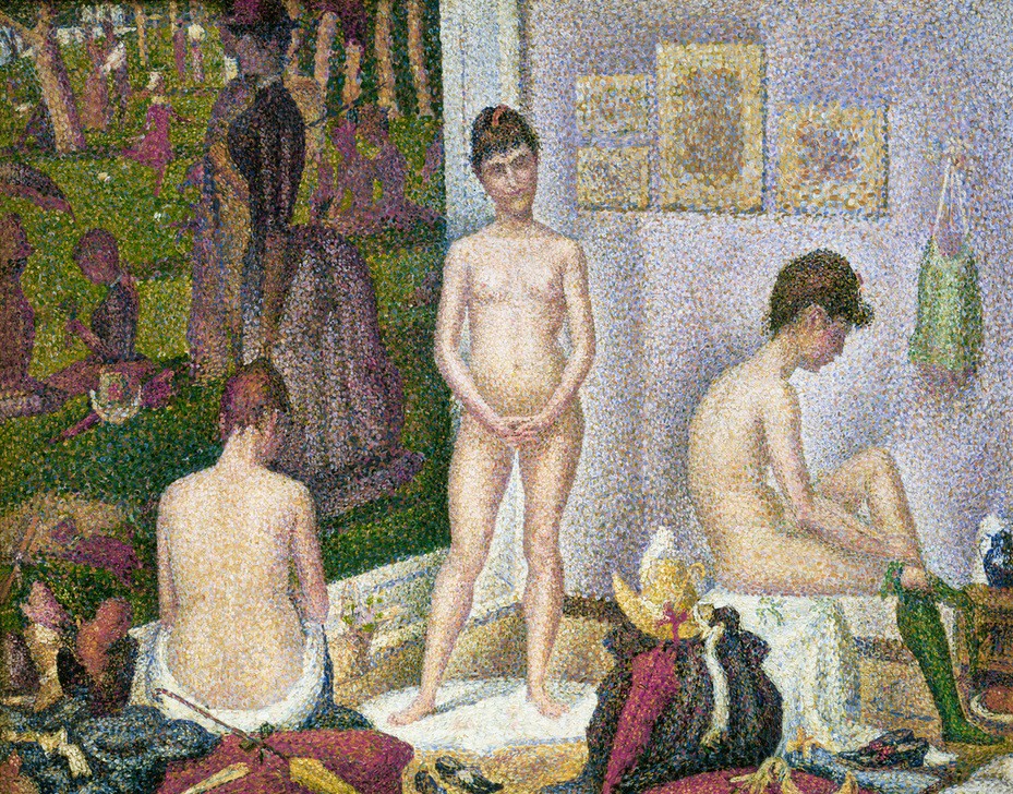 Georges Seurat, Les poseuses (petite version) (Atelier,Frau,Kunst,Modell,Akt,Bild Im Bild,Pointillismus,Rückenakt,Französische Kunst,Privatsammlung)
