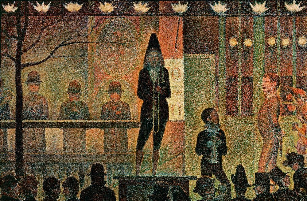 Georges Seurat, La parade de cirque (Fahrendes Volk,Gaslicht,Gesellschaft,Licht Und Beleuchtung,Musik,Orchester,Parade (Aufmarsch),Zirkus (Theater),Posaune,Instrument,Pointillismus,Französische Kunst,Zuschauer,Zirkusdirektor)