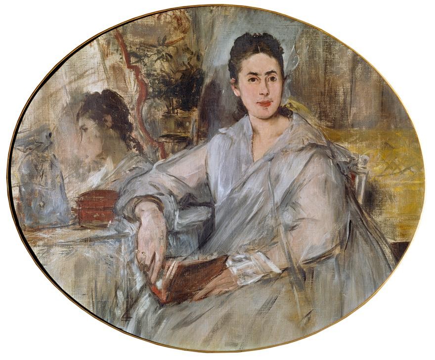 Edouard Manet, Marguerite de Conflans, plus tard Madame d’Angély (Buch,Frau,Kunst,Mensch,Portrait,Adel,Französische Kunst,Spiegelbild,Leserin,Sitzen,Halbfigur,Oval)