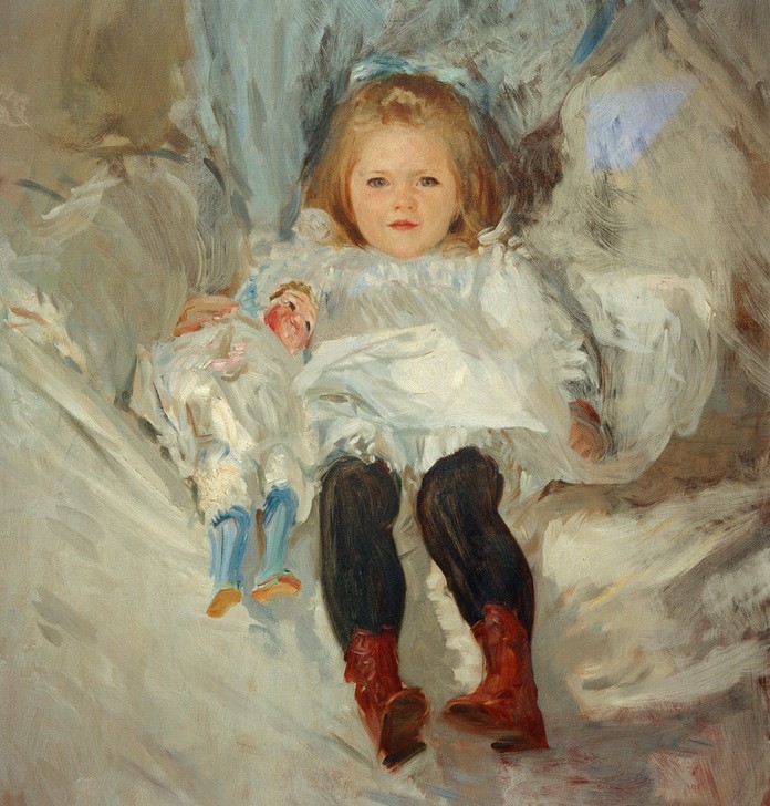 John Singer Sargent, Ruth Sears Bacon (Bett,Gesellschaft,Kindermode,Kind,Kunst,Mädchen,Mensch,Mode,Puppe (Gegenstand),Schuhe (Schuh),Spielzeug,Impressionismus,Kleinkind,Portrait,Stiefel,Amerikanische Kunst,Wohlstand,Kleid,Reichtum,Haarschleife,Us-Amerikanische Kunst,Blonde Haare,Kleidung (Allg)