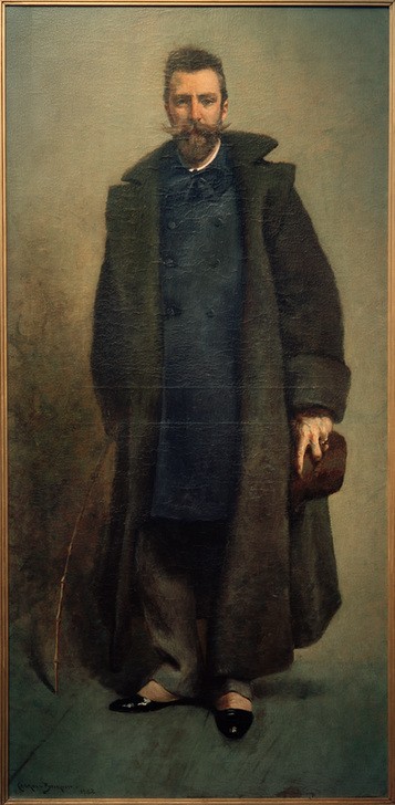 James Carroll Beckwith, William Merritt Chase (Herrenmode,Künstler,Kunst,Maler (Künstler),Mantel,Mann,Mode,Schuhe (Schuh),Bart,Portrait,Gamaschen,Amerikanische Kunst,Vollbart,Us-Amerikanische Kunst,Kleidung (Allgemein),Gerte,Blick Aus Dem Bild,Ganzfigurig,Person,Signatur,Gilded Age)