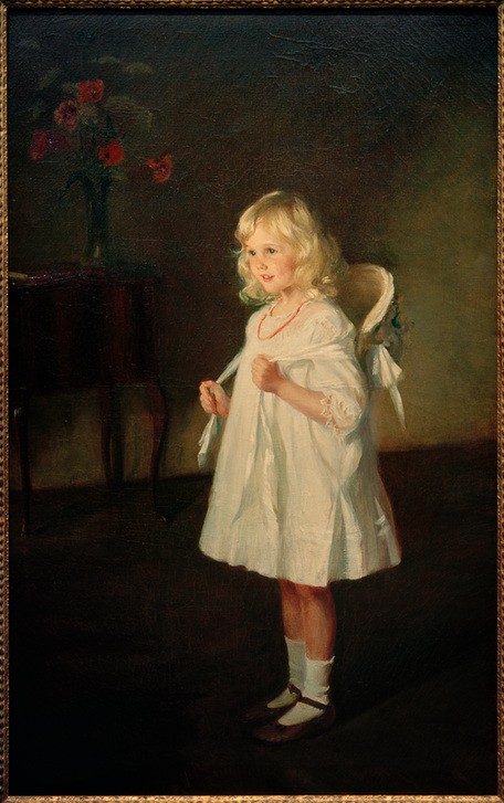 Lydia Field Emmet, Olivia Stokes (KINDERMODE, KIND, KUNST, MÄDCHEN, MENSCH, MODE, HUT, FRAUENKUNST, PORTRAIT, AMERIKANISCHE KUNST, WOHLSTAND, LÄCHELN, KLEID, REICHTUM, US-AMERIKANISCHE KUNST, BLONDE HAARE, KLEIDUNG (ALLGEMEIN), MIMIK, KINDERBILDNIS, GANZFIGURIG, WEISS (FARBE), OBERSCHICHT)