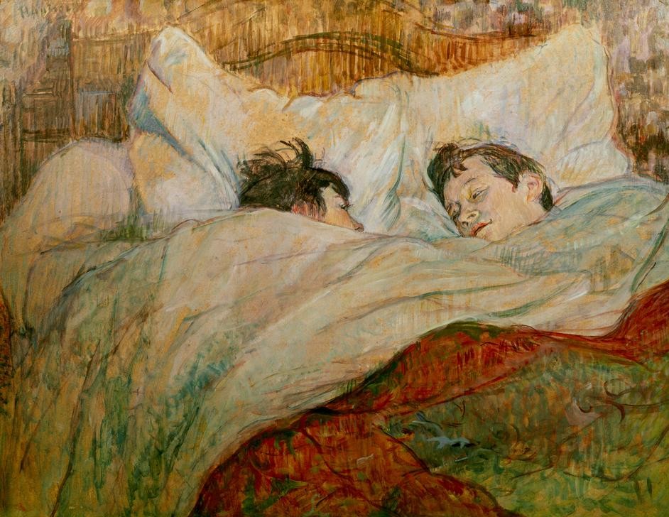 Henri de Toulouse-Lautrec, Le lit (Bett,Möbel,Impressionismus,Lesbische Liebe,Homosexualität,Kissen,Französische Kunst,Paar,Harmonie,Bettwäsche,Jahrhundertwende,Schlafen (Schlaf),Decke (Textil))